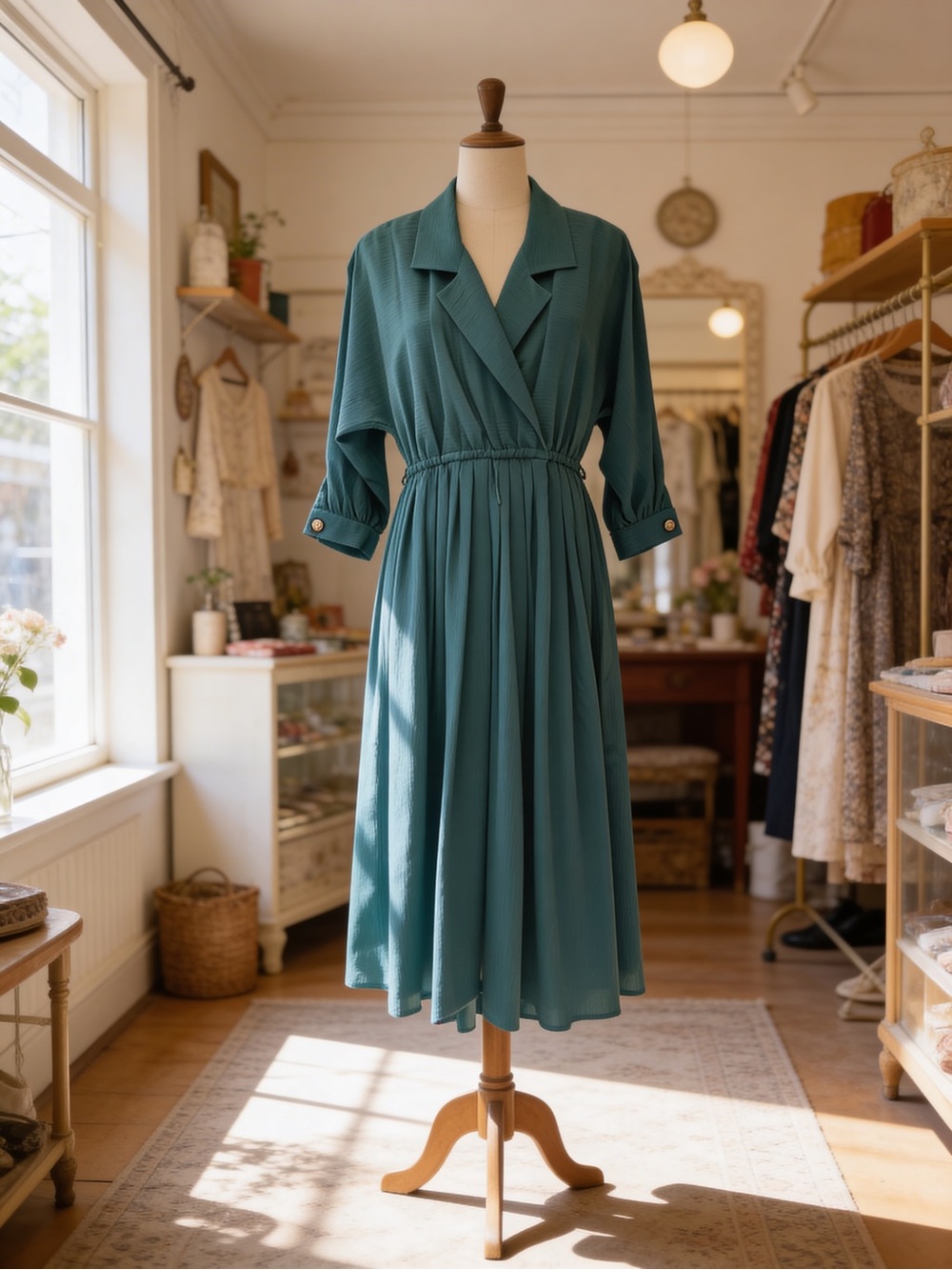 Leslie Fay Teal Green Long Sleeve Midi Dress